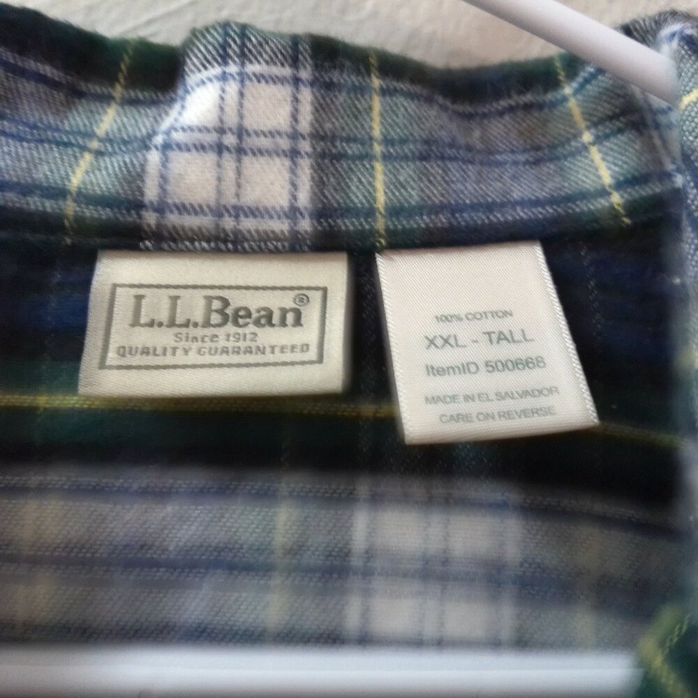L.L. Bean Men’s XXL Tall Plaid Flannel Shirt Green Blue Button Front - Picture 2 of 2
